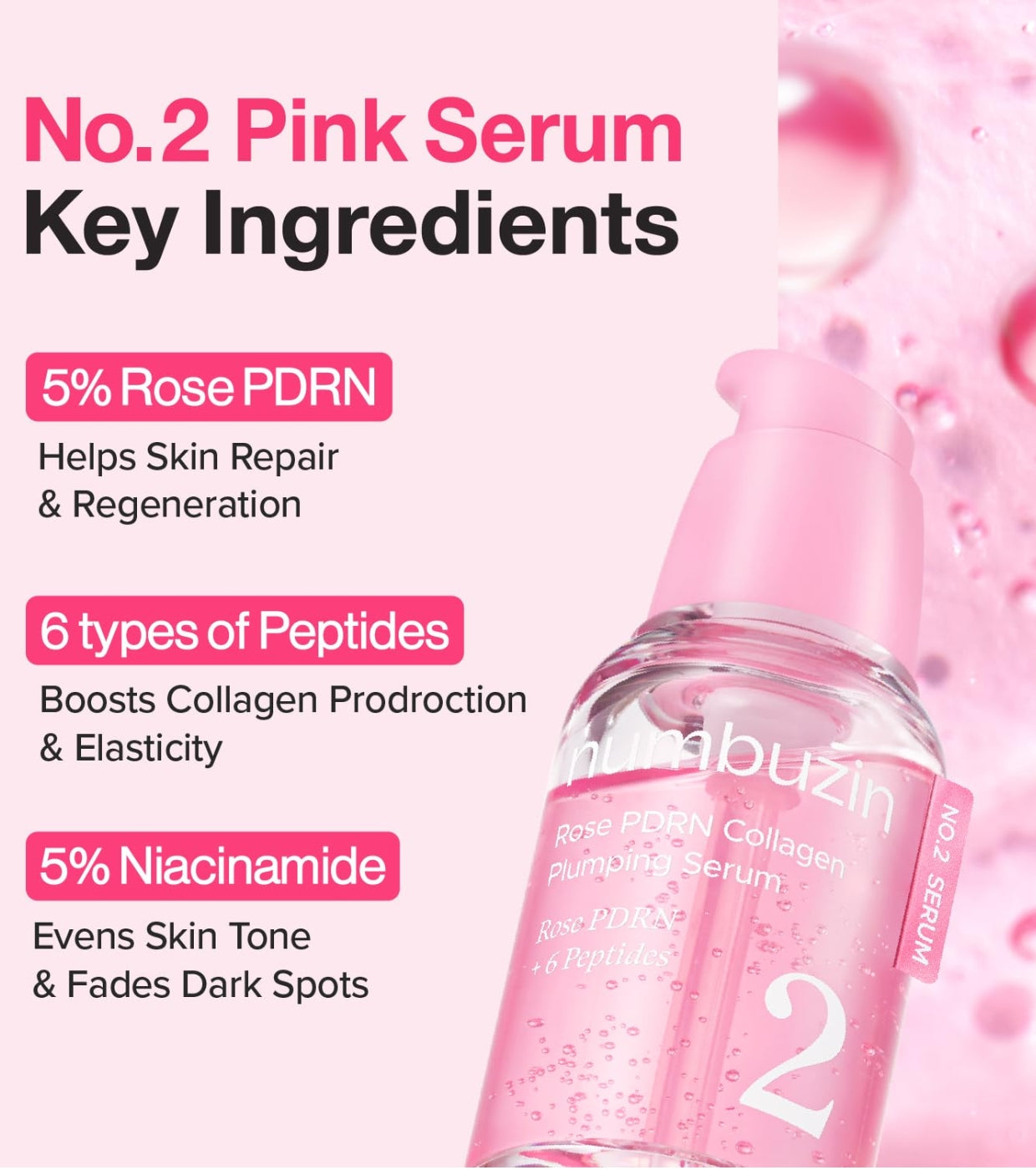 Numbuzin – Sérum repulpant au collagène Rose PDRN n° 2, 30 ml